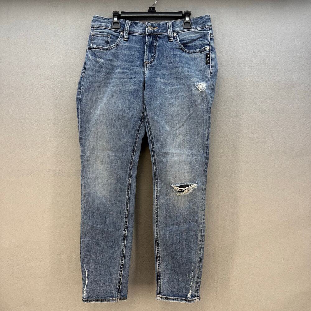 Silver Jeans Women's 26x27 (2) Blue Boyfriend Tapered Distressed Mid Rise